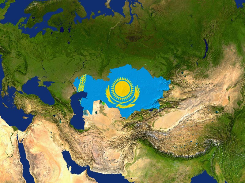 Satellite image of Kazakhstan with the country's flag covering it